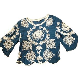 SOLITAIRE Womens Boho Embroidered Top Size Medium Bohemian Blouse Floral Teal